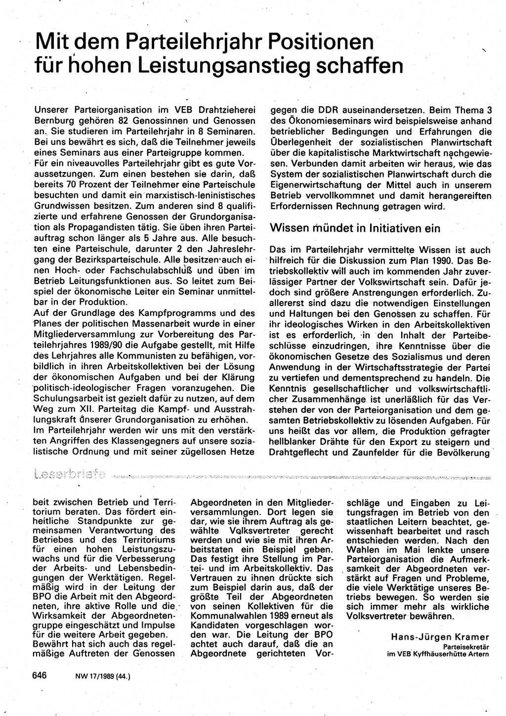Neuer Weg (NW), Organ des Zentralkomitees (ZK) der SED (Sozialistische Einheitspartei Deutschlands) für Fragen des Parteilebens, 44. Jahrgang [Deutsche Demokratische Republik (DDR)] 1989, Seite 646 (NW ZK SED DDR 1989, S. 646)