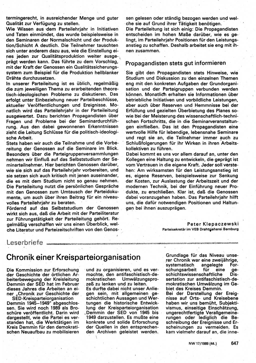 Neuer Weg (NW), Organ des Zentralkomitees (ZK) der SED (Sozialistische Einheitspartei Deutschlands) für Fragen des Parteilebens, 44. Jahrgang [Deutsche Demokratische Republik (DDR)] 1989, Seite 647 (NW ZK SED DDR 1989, S. 647)