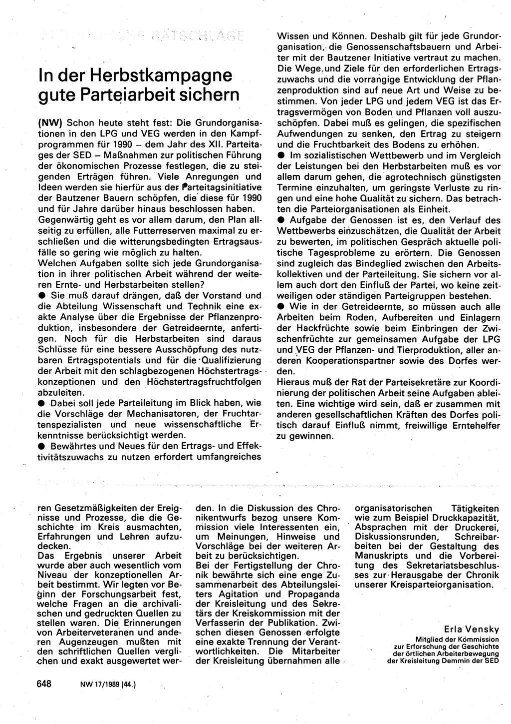 Neuer Weg (NW), Organ des Zentralkomitees (ZK) der SED (Sozialistische Einheitspartei Deutschlands) für Fragen des Parteilebens, 44. Jahrgang [Deutsche Demokratische Republik (DDR)] 1989, Seite 648 (NW ZK SED DDR 1989, S. 648)