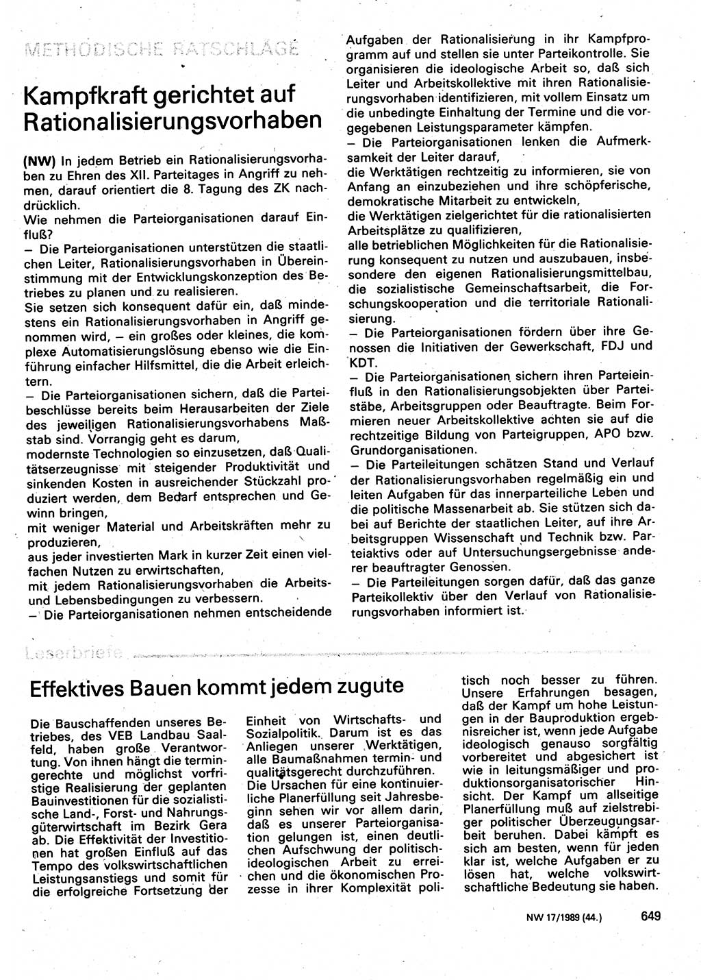 Neuer Weg (NW), Organ des Zentralkomitees (ZK) der SED (Sozialistische Einheitspartei Deutschlands) für Fragen des Parteilebens, 44. Jahrgang [Deutsche Demokratische Republik (DDR)] 1989, Seite 649 (NW ZK SED DDR 1989, S. 649)