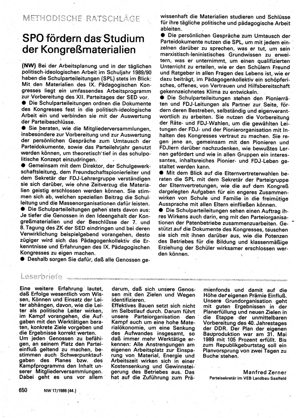 Neuer Weg (NW), Organ des Zentralkomitees (ZK) der SED (Sozialistische Einheitspartei Deutschlands) für Fragen des Parteilebens, 44. Jahrgang [Deutsche Demokratische Republik (DDR)] 1989, Seite 650 (NW ZK SED DDR 1989, S. 650)