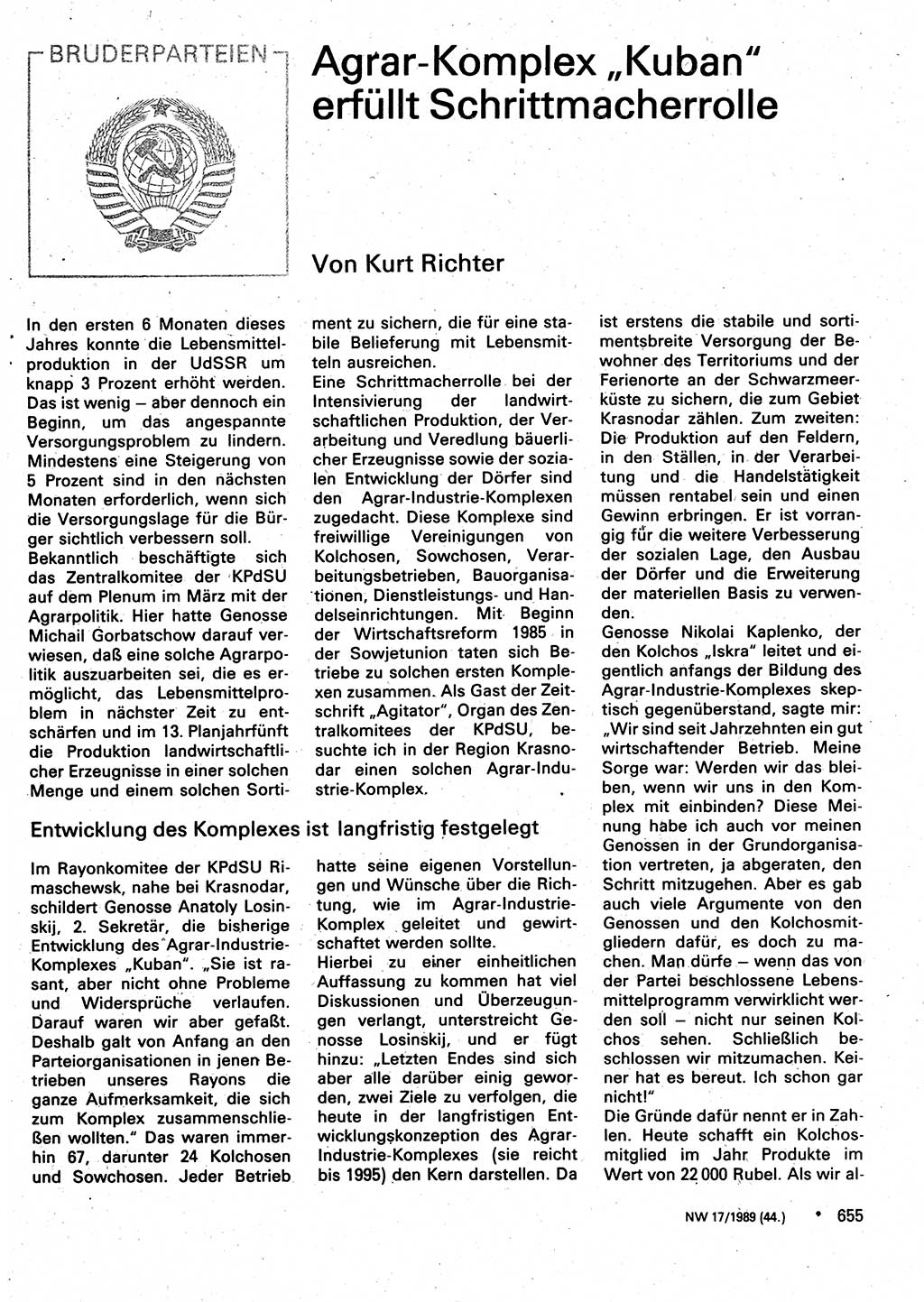 Neuer Weg (NW), Organ des Zentralkomitees (ZK) der SED (Sozialistische Einheitspartei Deutschlands) für Fragen des Parteilebens, 44. Jahrgang [Deutsche Demokratische Republik (DDR)] 1989, Seite 655 (NW ZK SED DDR 1989, S. 655)