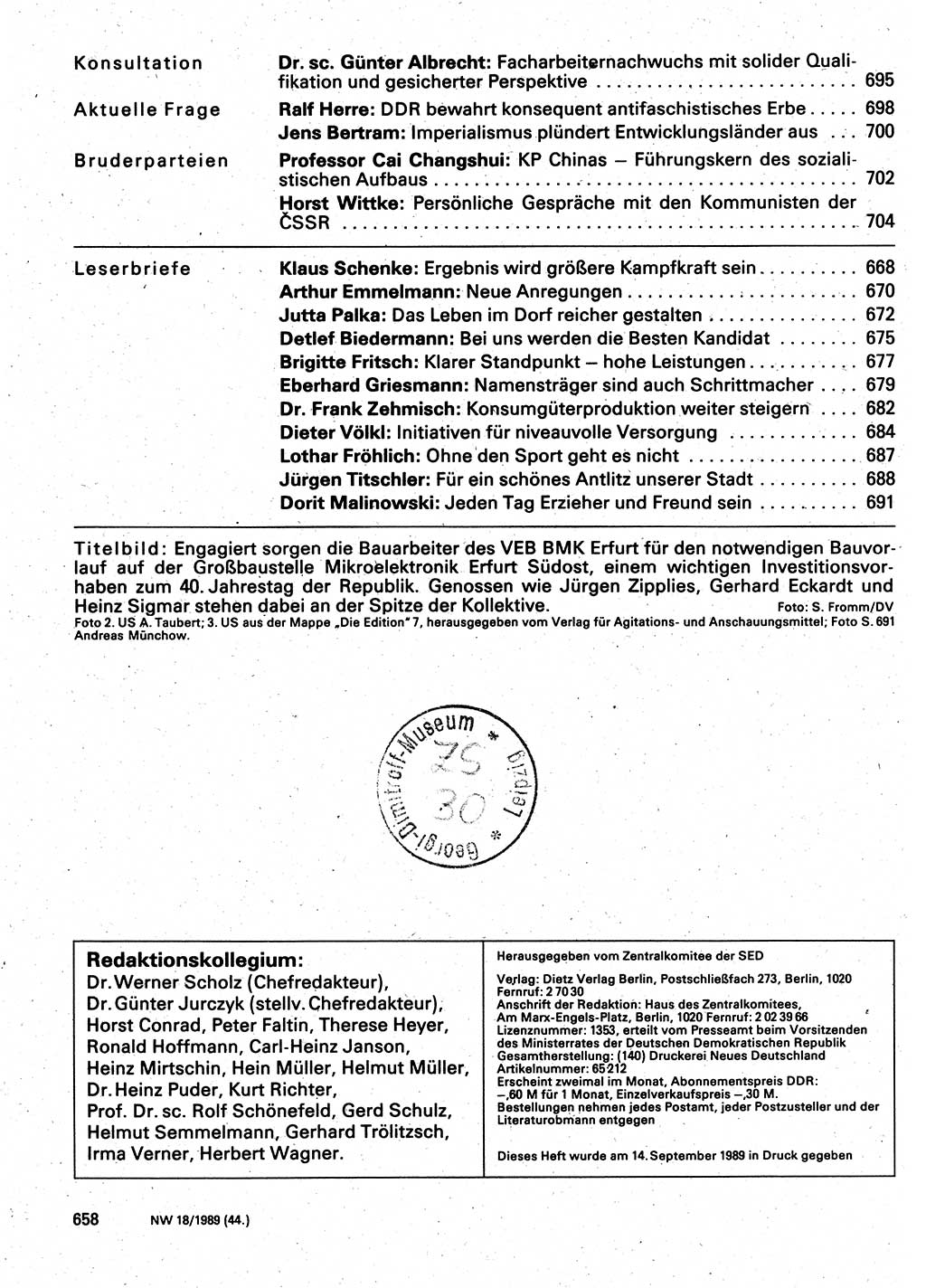 Neuer Weg (NW), Organ des Zentralkomitees (ZK) der SED (Sozialistische Einheitspartei Deutschlands) für Fragen des Parteilebens, 44. Jahrgang [Deutsche Demokratische Republik (DDR)] 1989, Seite 658 (NW ZK SED DDR 1989, S. 658)