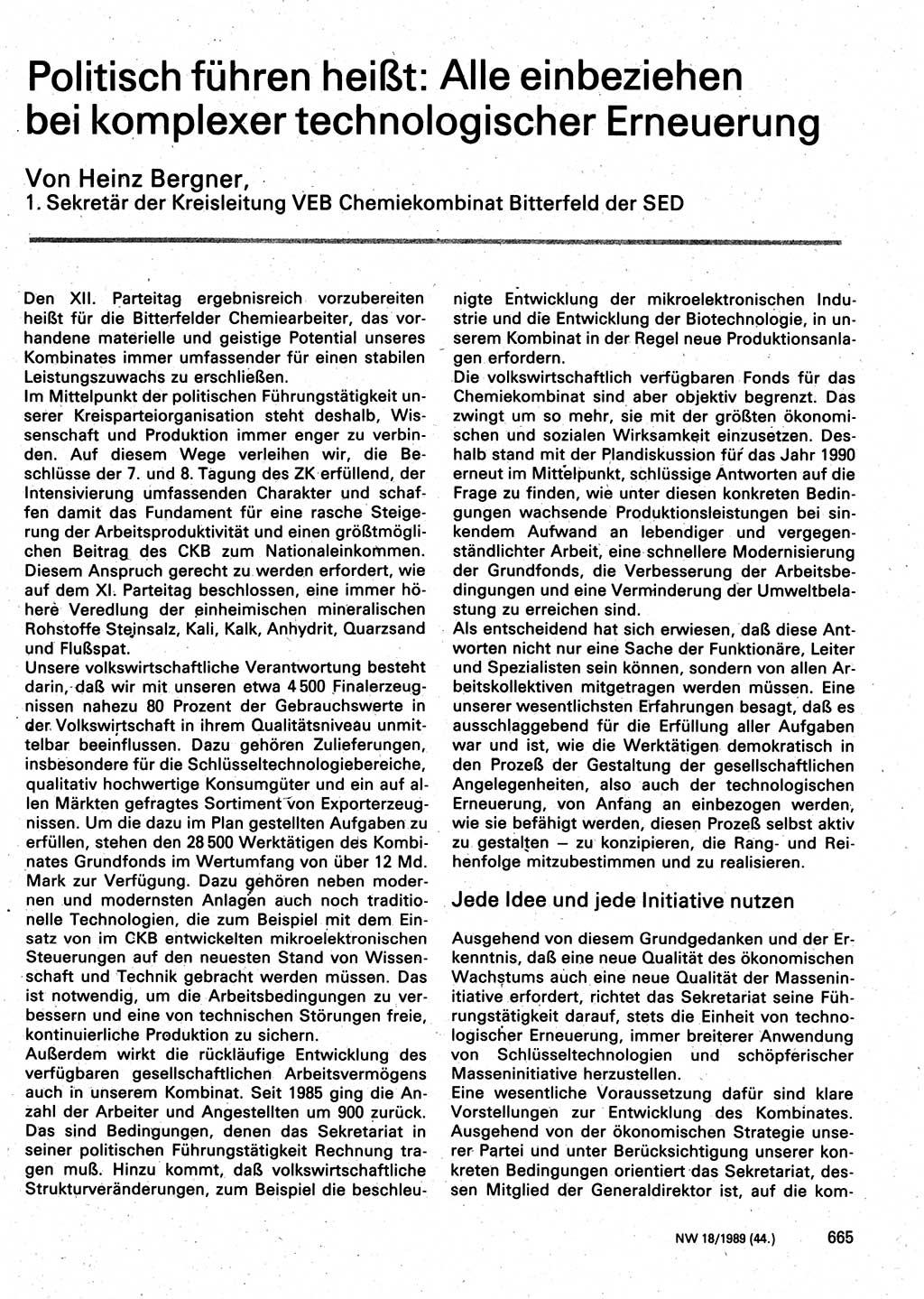 Neuer Weg (NW), Organ des Zentralkomitees (ZK) der SED (Sozialistische Einheitspartei Deutschlands) für Fragen des Parteilebens, 44. Jahrgang [Deutsche Demokratische Republik (DDR)] 1989, Seite 665 (NW ZK SED DDR 1989, S. 665)