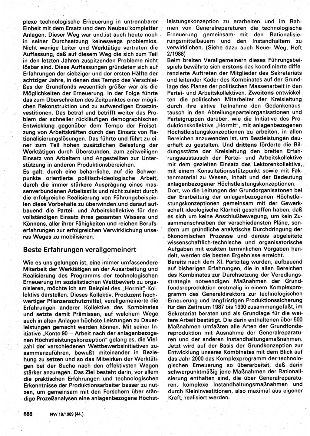 Neuer Weg (NW), Organ des Zentralkomitees (ZK) der SED (Sozialistische Einheitspartei Deutschlands) für Fragen des Parteilebens, 44. Jahrgang [Deutsche Demokratische Republik (DDR)] 1989, Seite 666 (NW ZK SED DDR 1989, S. 666)