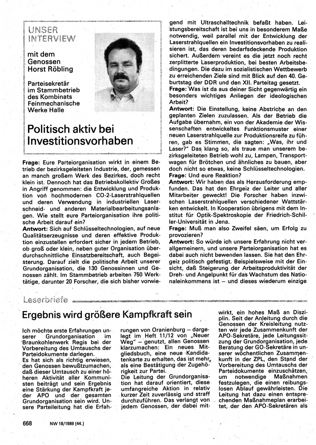 Neuer Weg (NW), Organ des Zentralkomitees (ZK) der SED (Sozialistische Einheitspartei Deutschlands) für Fragen des Parteilebens, 44. Jahrgang [Deutsche Demokratische Republik (DDR)] 1989, Seite 668 (NW ZK SED DDR 1989, S. 668)