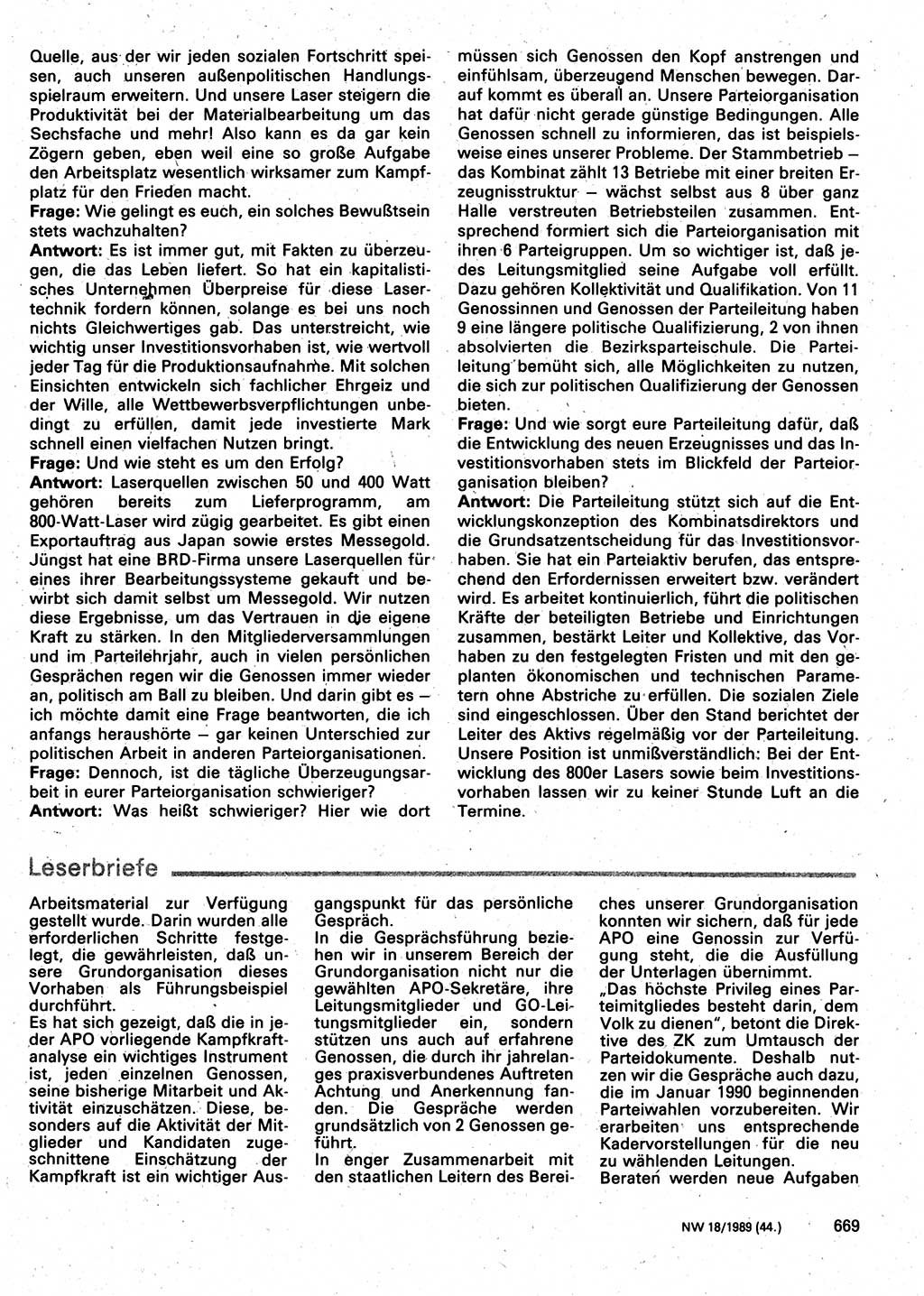 Neuer Weg (NW), Organ des Zentralkomitees (ZK) der SED (Sozialistische Einheitspartei Deutschlands) für Fragen des Parteilebens, 44. Jahrgang [Deutsche Demokratische Republik (DDR)] 1989, Seite 669 (NW ZK SED DDR 1989, S. 669)