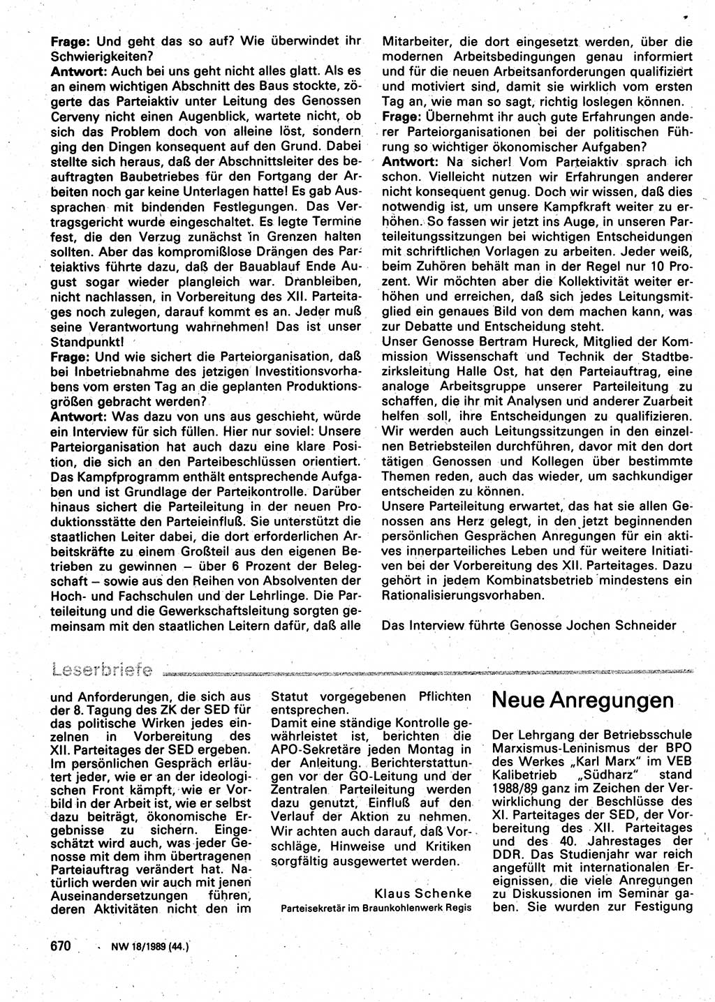 Neuer Weg (NW), Organ des Zentralkomitees (ZK) der SED (Sozialistische Einheitspartei Deutschlands) für Fragen des Parteilebens, 44. Jahrgang [Deutsche Demokratische Republik (DDR)] 1989, Seite 670 (NW ZK SED DDR 1989, S. 670)
