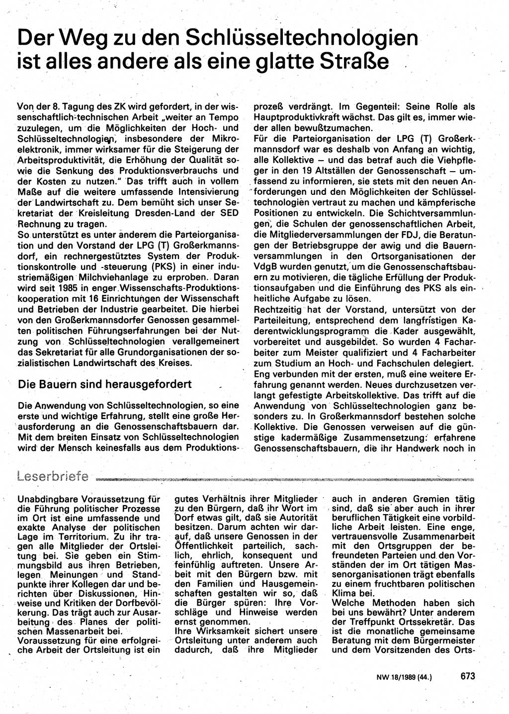Neuer Weg (NW), Organ des Zentralkomitees (ZK) der SED (Sozialistische Einheitspartei Deutschlands) für Fragen des Parteilebens, 44. Jahrgang [Deutsche Demokratische Republik (DDR)] 1989, Seite 673 (NW ZK SED DDR 1989, S. 673)
