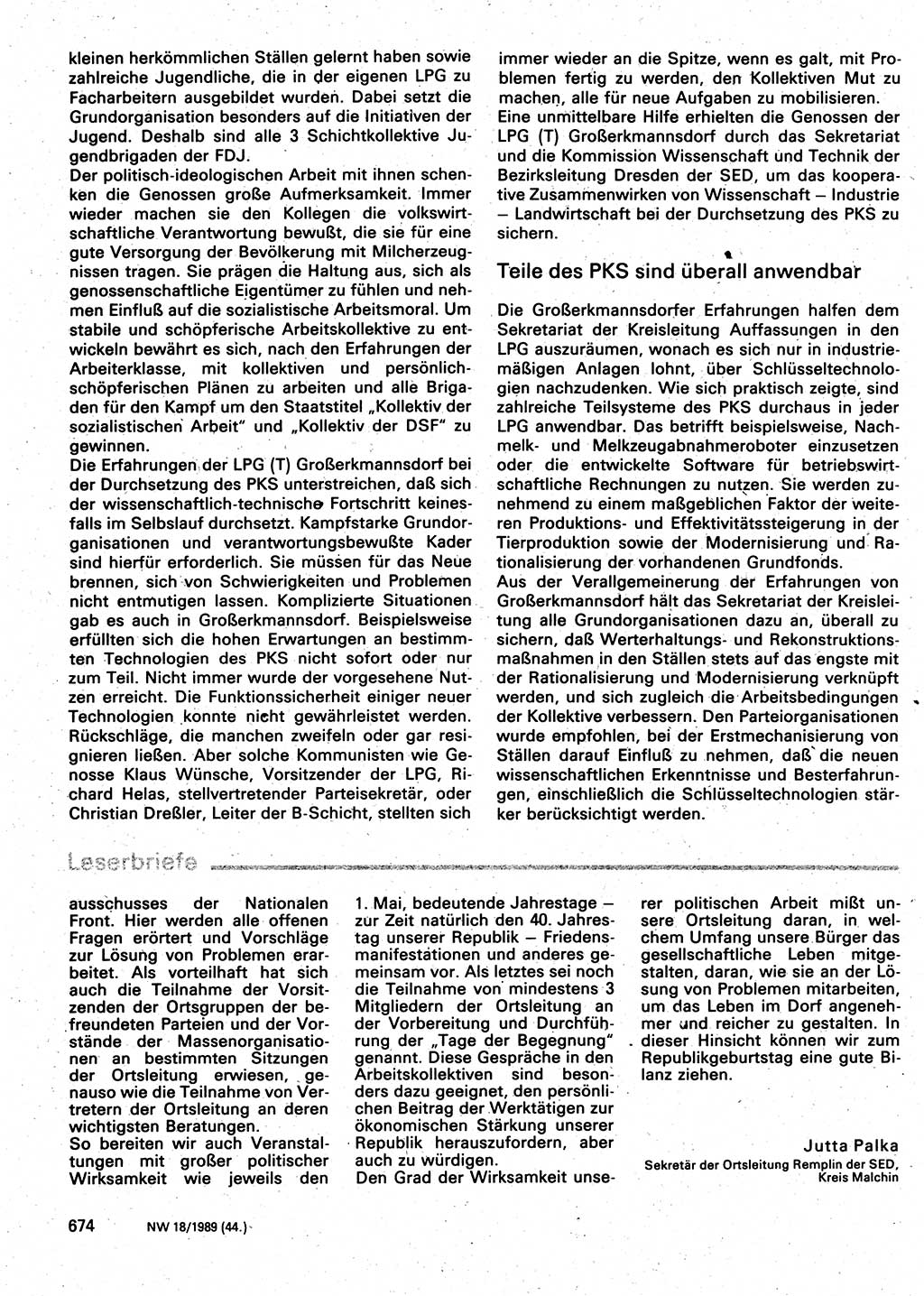 Neuer Weg (NW), Organ des Zentralkomitees (ZK) der SED (Sozialistische Einheitspartei Deutschlands) für Fragen des Parteilebens, 44. Jahrgang [Deutsche Demokratische Republik (DDR)] 1989, Seite 674 (NW ZK SED DDR 1989, S. 674)