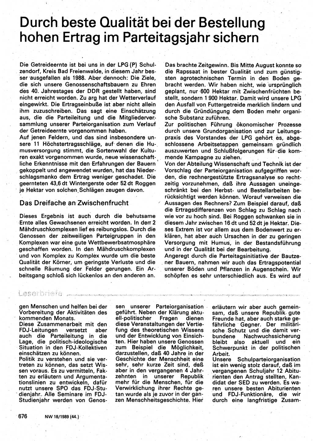 Neuer Weg (NW), Organ des Zentralkomitees (ZK) der SED (Sozialistische Einheitspartei Deutschlands) für Fragen des Parteilebens, 44. Jahrgang [Deutsche Demokratische Republik (DDR)] 1989, Seite 676 (NW ZK SED DDR 1989, S. 676)