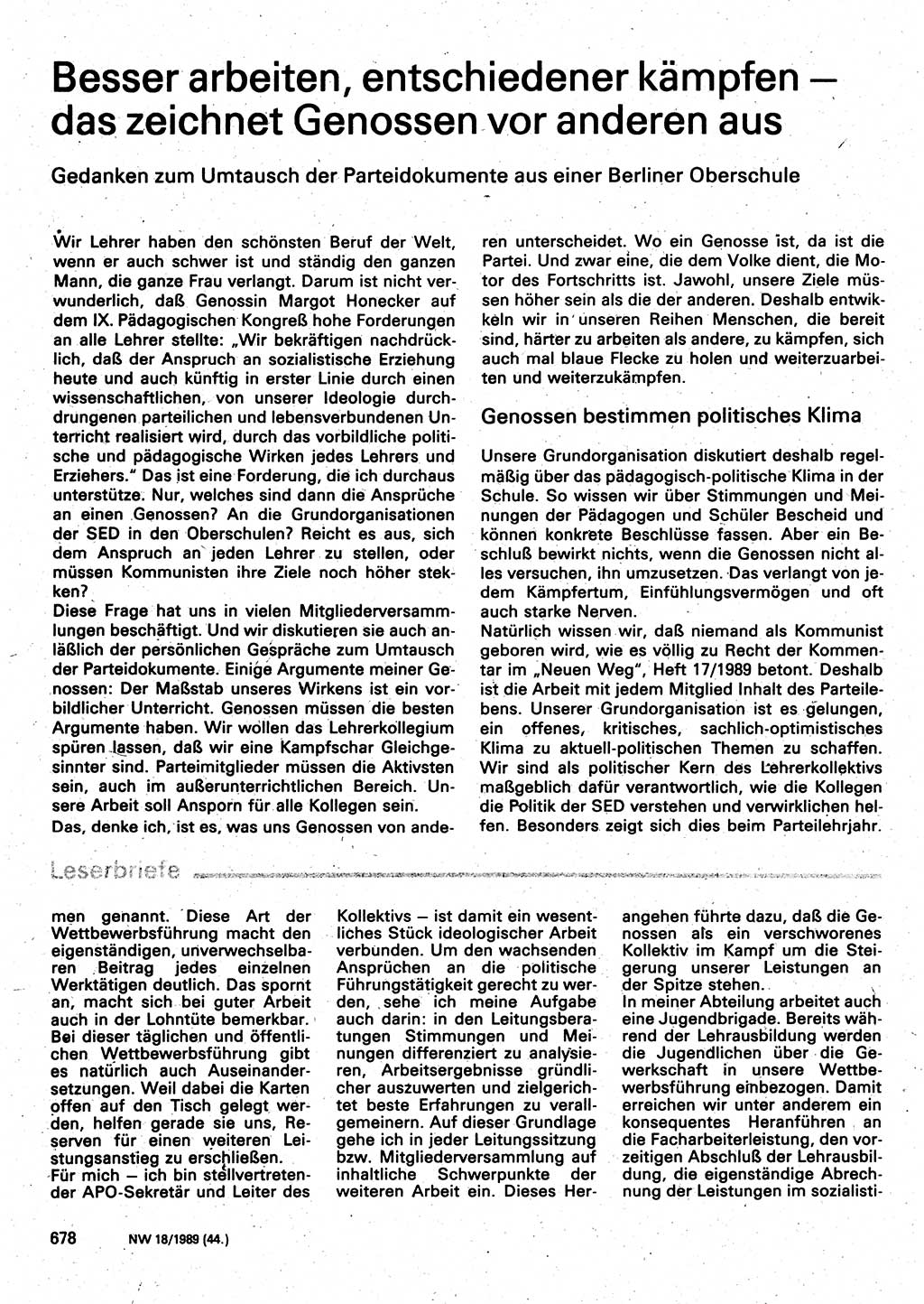 Neuer Weg (NW), Organ des Zentralkomitees (ZK) der SED (Sozialistische Einheitspartei Deutschlands) fÃ¼r Fragen des Parteilebens, 44. Jahrgang [Deutsche Demokratische Republik (DDR)] 1989, Seite 678 (NW ZK SED DDR 1989, S. 678)