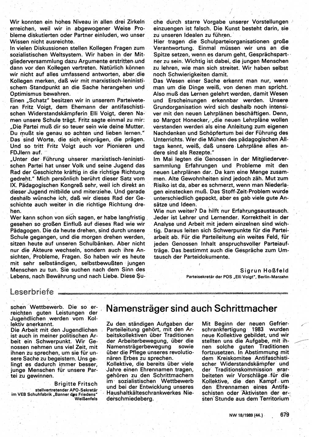 Neuer Weg (NW), Organ des Zentralkomitees (ZK) der SED (Sozialistische Einheitspartei Deutschlands) für Fragen des Parteilebens, 44. Jahrgang [Deutsche Demokratische Republik (DDR)] 1989, Seite 679 (NW ZK SED DDR 1989, S. 679)