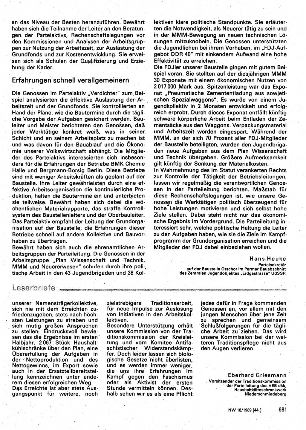 Neuer Weg (NW), Organ des Zentralkomitees (ZK) der SED (Sozialistische Einheitspartei Deutschlands) für Fragen des Parteilebens, 44. Jahrgang [Deutsche Demokratische Republik (DDR)] 1989, Seite 681 (NW ZK SED DDR 1989, S. 681)
