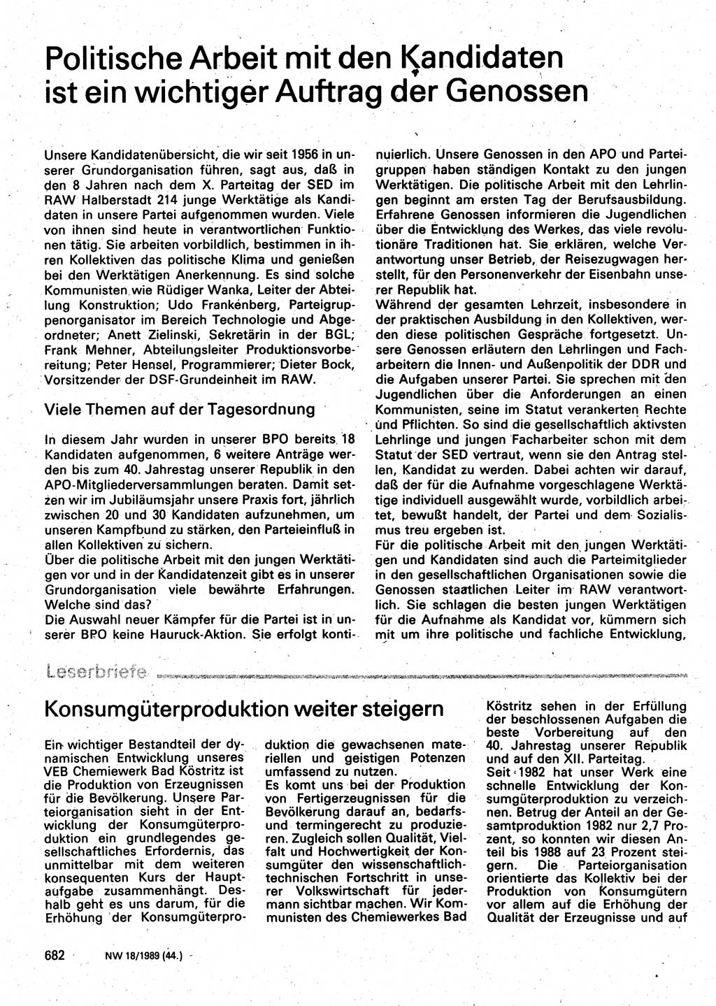 Neuer Weg (NW), Organ des Zentralkomitees (ZK) der SED (Sozialistische Einheitspartei Deutschlands) für Fragen des Parteilebens, 44. Jahrgang [Deutsche Demokratische Republik (DDR)] 1989, Seite 682 (NW ZK SED DDR 1989, S. 682)