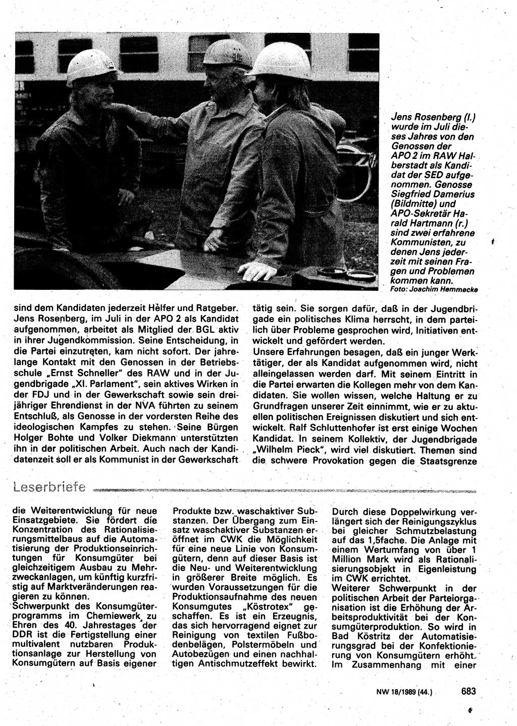 Neuer Weg (NW), Organ des Zentralkomitees (ZK) der SED (Sozialistische Einheitspartei Deutschlands) für Fragen des Parteilebens, 44. Jahrgang [Deutsche Demokratische Republik (DDR)] 1989, Seite 683 (NW ZK SED DDR 1989, S. 683)
