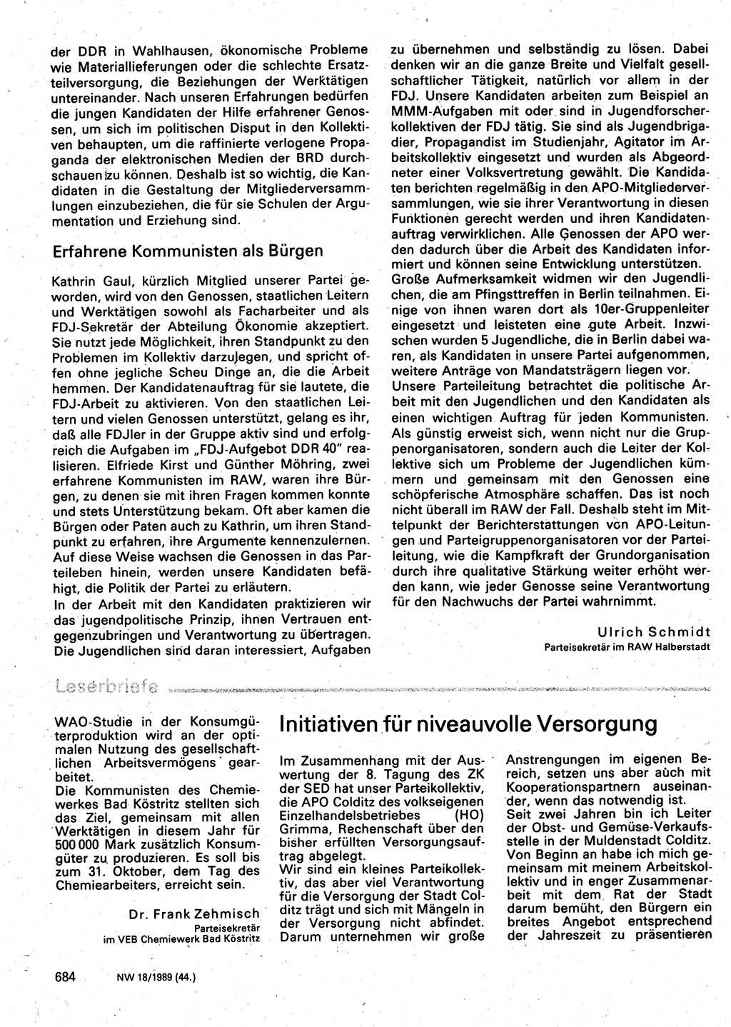 Neuer Weg (NW), Organ des Zentralkomitees (ZK) der SED (Sozialistische Einheitspartei Deutschlands) für Fragen des Parteilebens, 44. Jahrgang [Deutsche Demokratische Republik (DDR)] 1989, Seite 684 (NW ZK SED DDR 1989, S. 684)