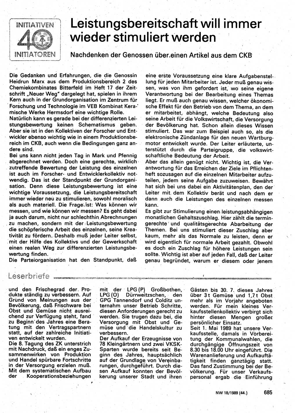 Neuer Weg (NW), Organ des Zentralkomitees (ZK) der SED (Sozialistische Einheitspartei Deutschlands) für Fragen des Parteilebens, 44. Jahrgang [Deutsche Demokratische Republik (DDR)] 1989, Seite 685 (NW ZK SED DDR 1989, S. 685)