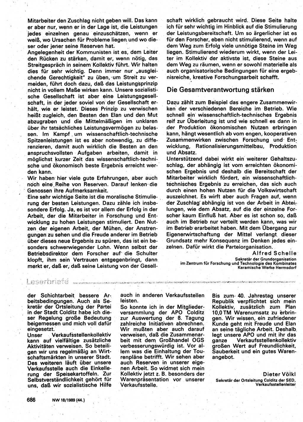 Neuer Weg (NW), Organ des Zentralkomitees (ZK) der SED (Sozialistische Einheitspartei Deutschlands) für Fragen des Parteilebens, 44. Jahrgang [Deutsche Demokratische Republik (DDR)] 1989, Seite 686 (NW ZK SED DDR 1989, S. 686)