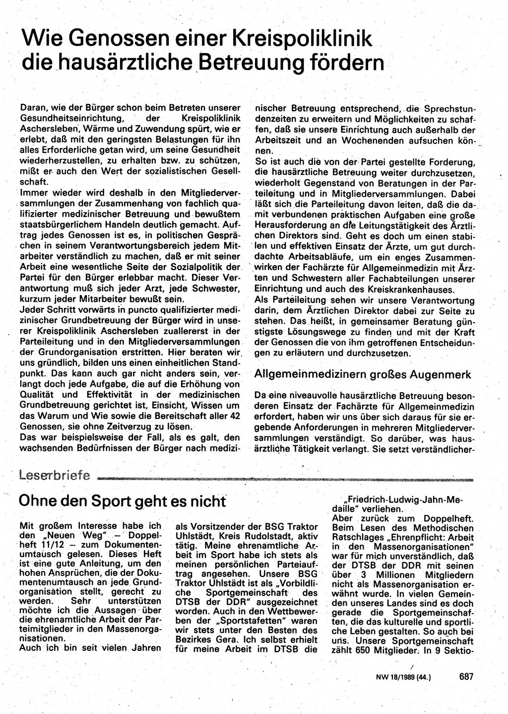 Neuer Weg (NW), Organ des Zentralkomitees (ZK) der SED (Sozialistische Einheitspartei Deutschlands) für Fragen des Parteilebens, 44. Jahrgang [Deutsche Demokratische Republik (DDR)] 1989, Seite 687 (NW ZK SED DDR 1989, S. 687)