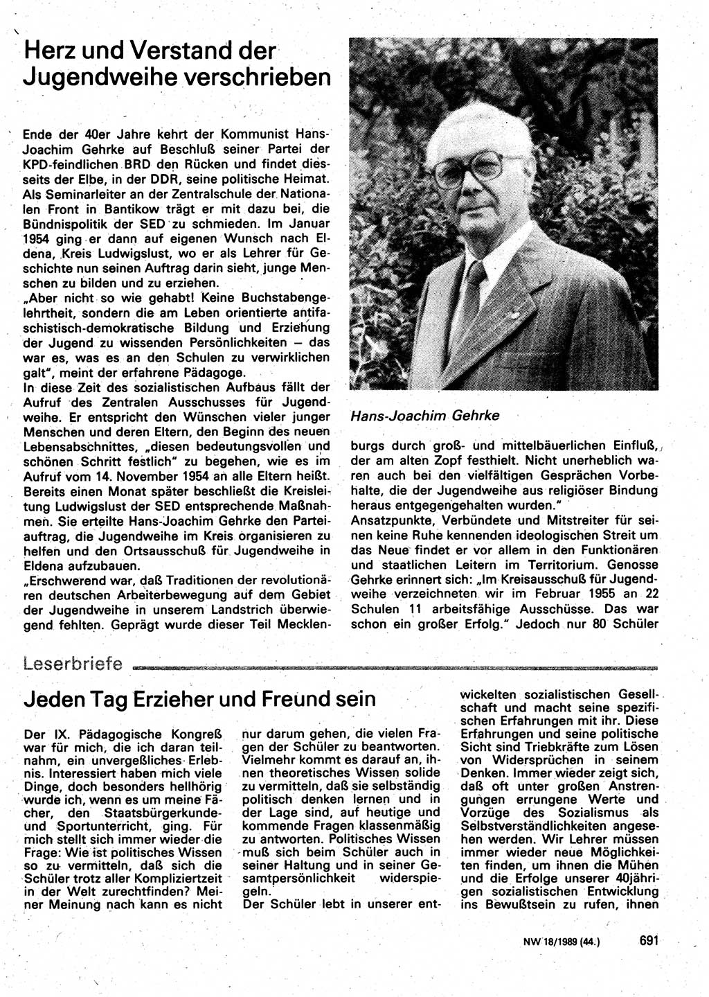 Neuer Weg (NW), Organ des Zentralkomitees (ZK) der SED (Sozialistische Einheitspartei Deutschlands) fÃ¼r Fragen des Parteilebens, 44. Jahrgang [Deutsche Demokratische Republik (DDR)] 1989, Seite 691 (NW ZK SED DDR 1989, S. 691)