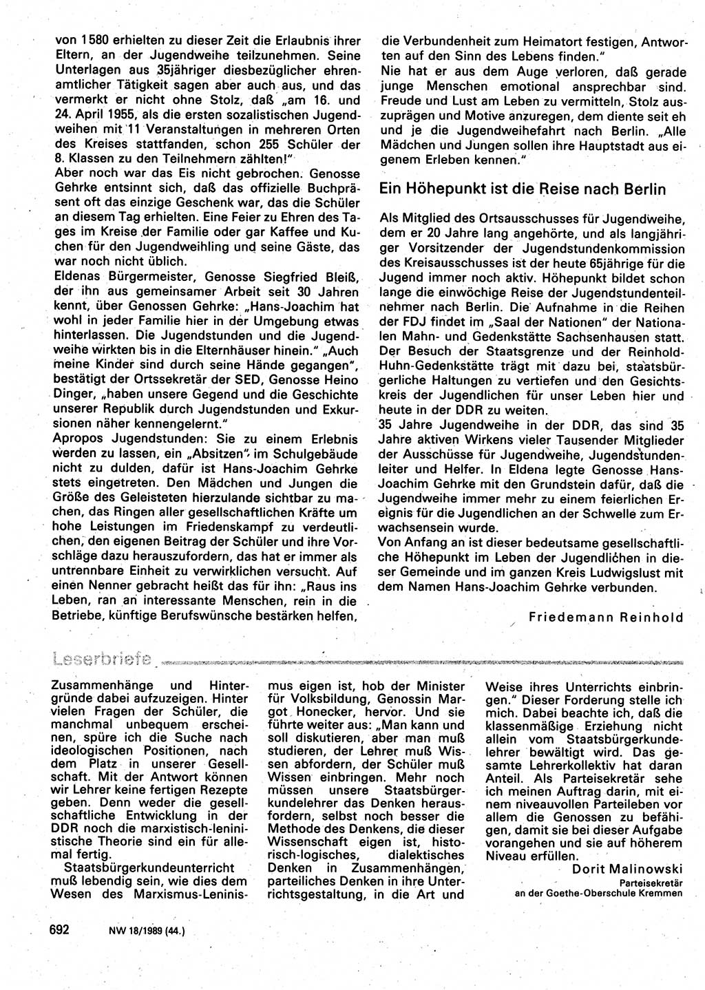 Neuer Weg (NW), Organ des Zentralkomitees (ZK) der SED (Sozialistische Einheitspartei Deutschlands) für Fragen des Parteilebens, 44. Jahrgang [Deutsche Demokratische Republik (DDR)] 1989, Seite 692 (NW ZK SED DDR 1989, S. 692)