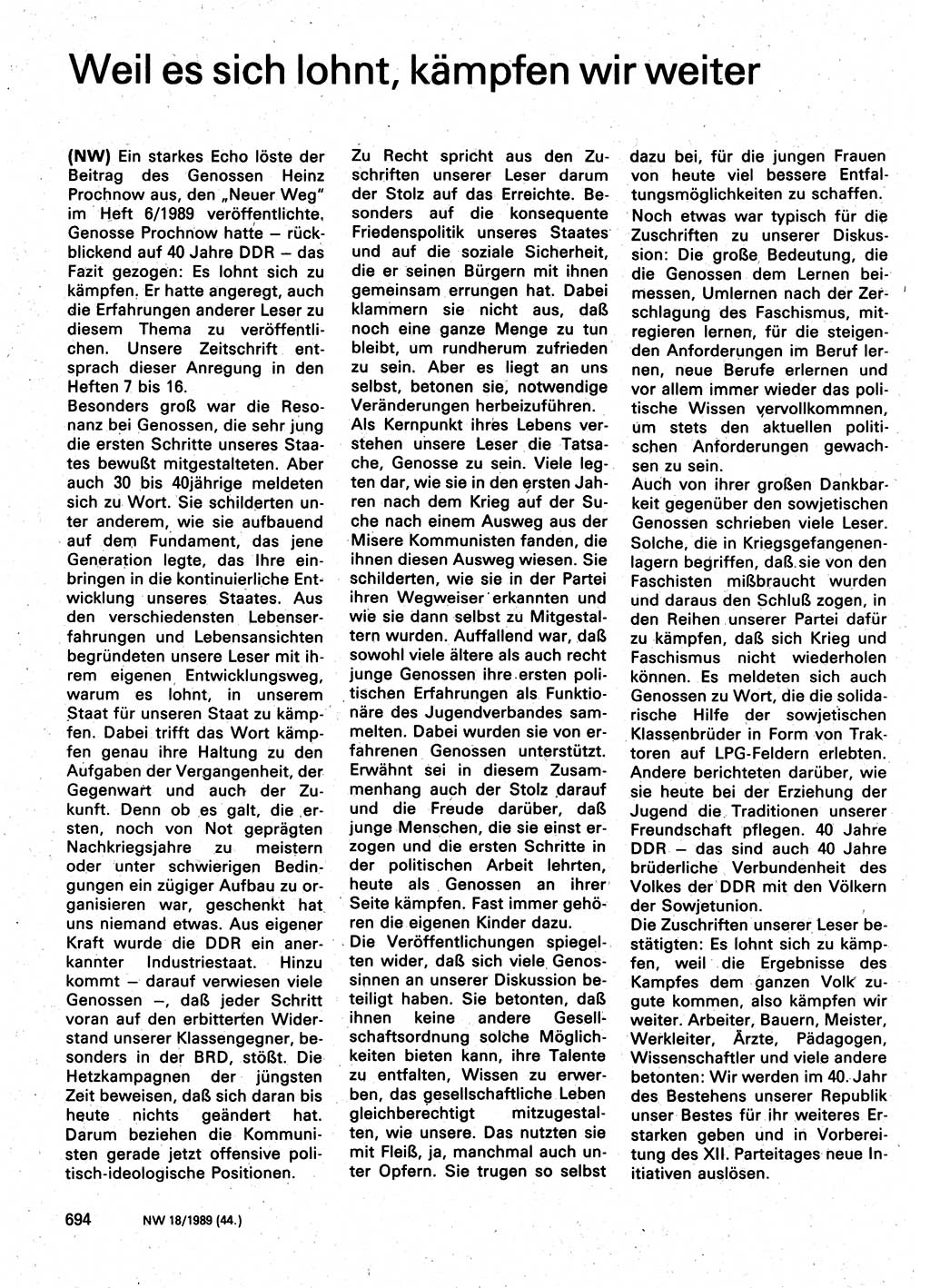 Neuer Weg (NW), Organ des Zentralkomitees (ZK) der SED (Sozialistische Einheitspartei Deutschlands) für Fragen des Parteilebens, 44. Jahrgang [Deutsche Demokratische Republik (DDR)] 1989, Seite 694 (NW ZK SED DDR 1989, S. 694)