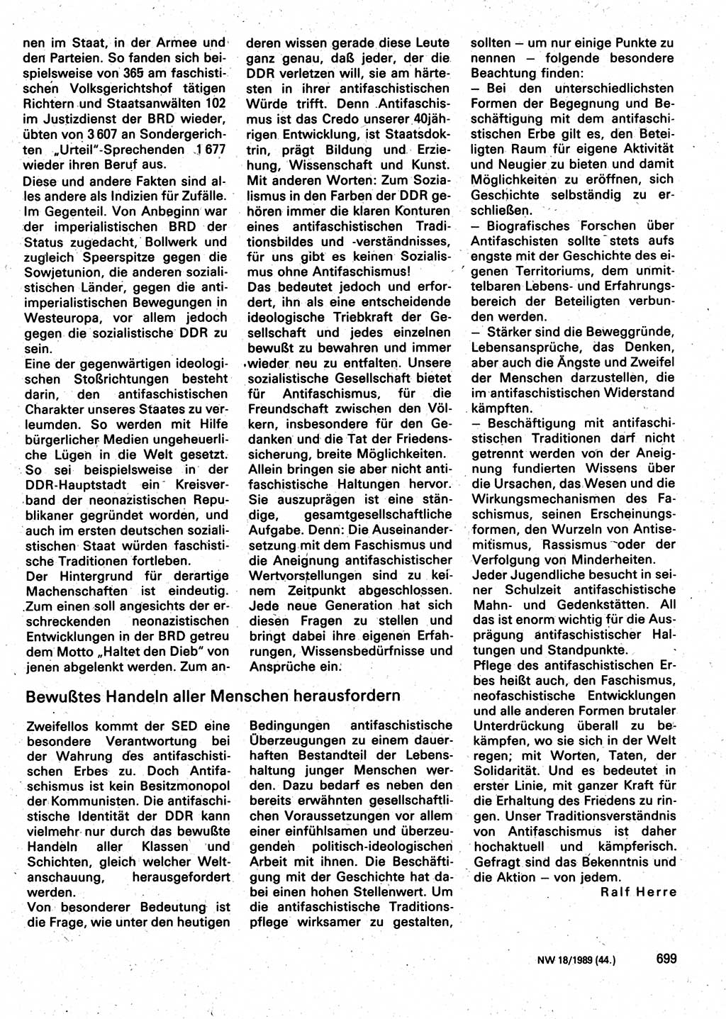 Neuer Weg (NW), Organ des Zentralkomitees (ZK) der SED (Sozialistische Einheitspartei Deutschlands) für Fragen des Parteilebens, 44. Jahrgang [Deutsche Demokratische Republik (DDR)] 1989, Seite 699 (NW ZK SED DDR 1989, S. 699)