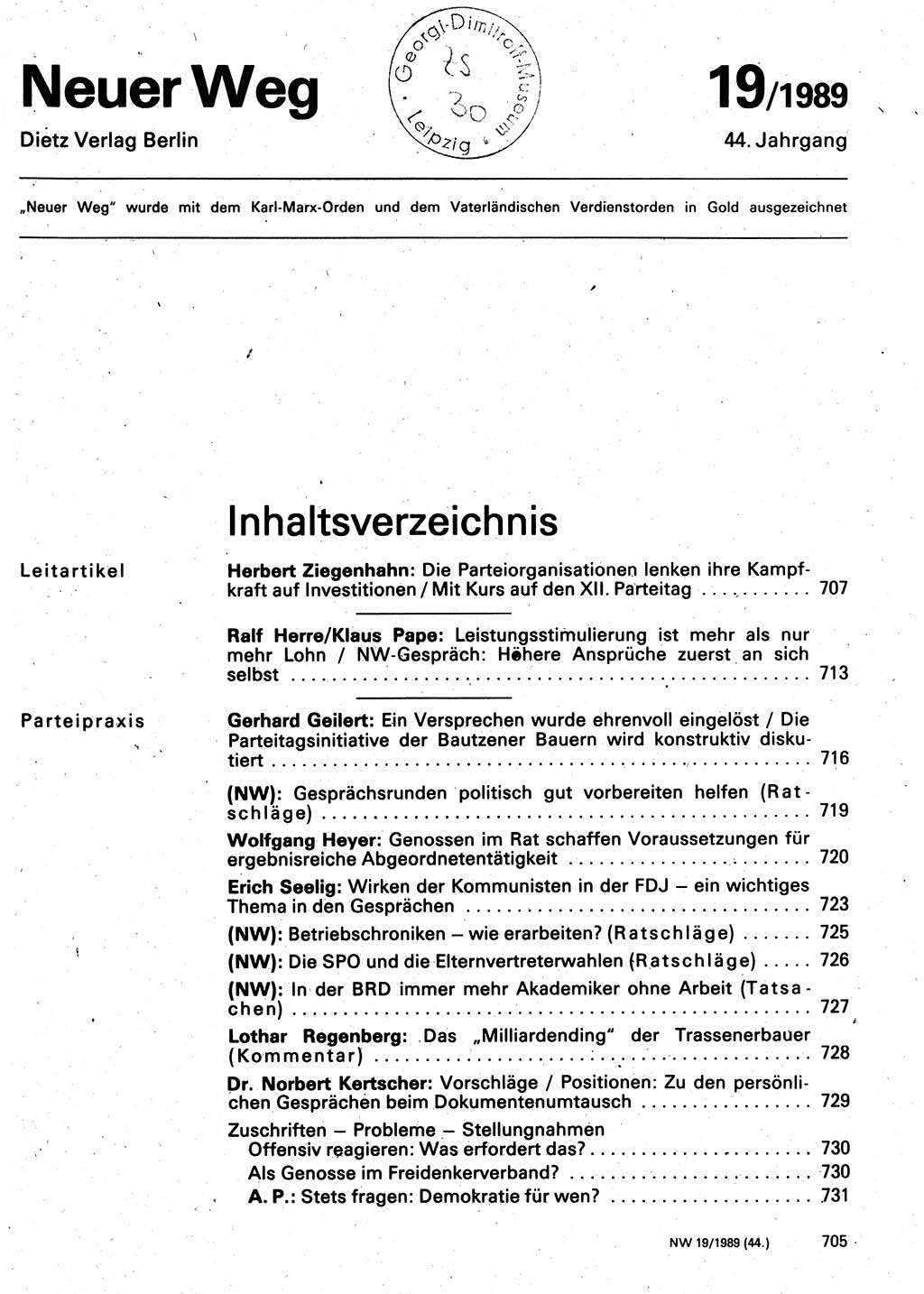 Neuer Weg (NW), Organ des Zentralkomitees (ZK) der SED (Sozialistische Einheitspartei Deutschlands) für Fragen des Parteilebens, 44. Jahrgang [Deutsche Demokratische Republik (DDR)] 1989, Seite 705 (NW ZK SED DDR 1989, S. 705)