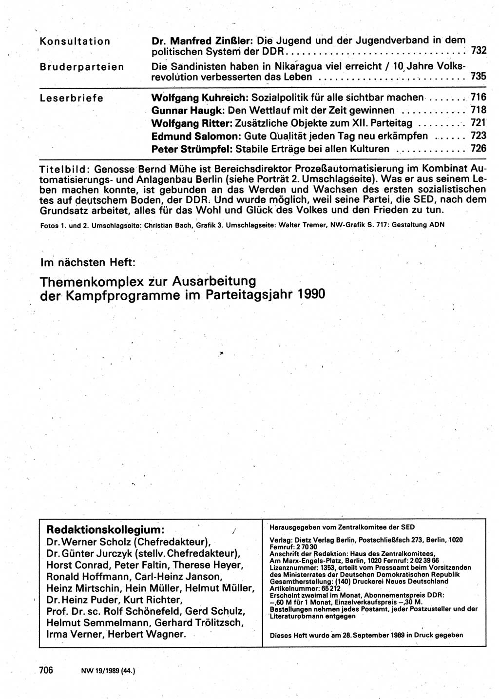 Neuer Weg (NW), Organ des Zentralkomitees (ZK) der SED (Sozialistische Einheitspartei Deutschlands) für Fragen des Parteilebens, 44. Jahrgang [Deutsche Demokratische Republik (DDR)] 1989, Seite 706 (NW ZK SED DDR 1989, S. 706)