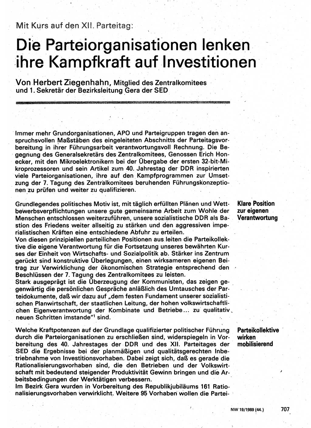 Neuer Weg (NW), Organ des Zentralkomitees (ZK) der SED (Sozialistische Einheitspartei Deutschlands) für Fragen des Parteilebens, 44. Jahrgang [Deutsche Demokratische Republik (DDR)] 1989, Seite 707 (NW ZK SED DDR 1989, S. 707)