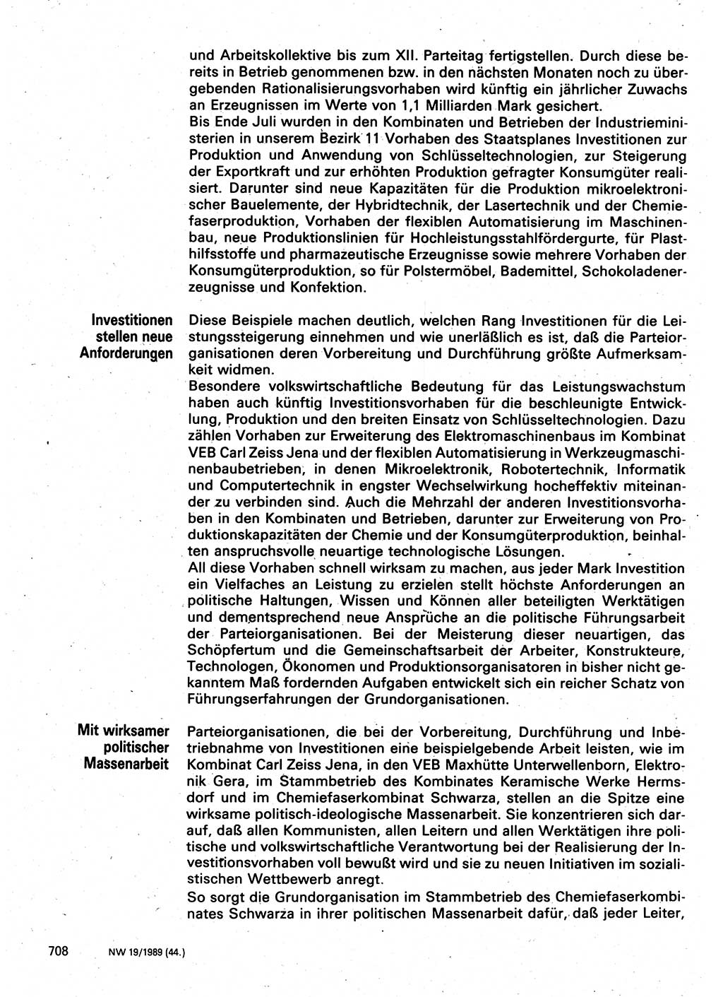 Neuer Weg (NW), Organ des Zentralkomitees (ZK) der SED (Sozialistische Einheitspartei Deutschlands) für Fragen des Parteilebens, 44. Jahrgang [Deutsche Demokratische Republik (DDR)] 1989, Seite 708 (NW ZK SED DDR 1989, S. 708)