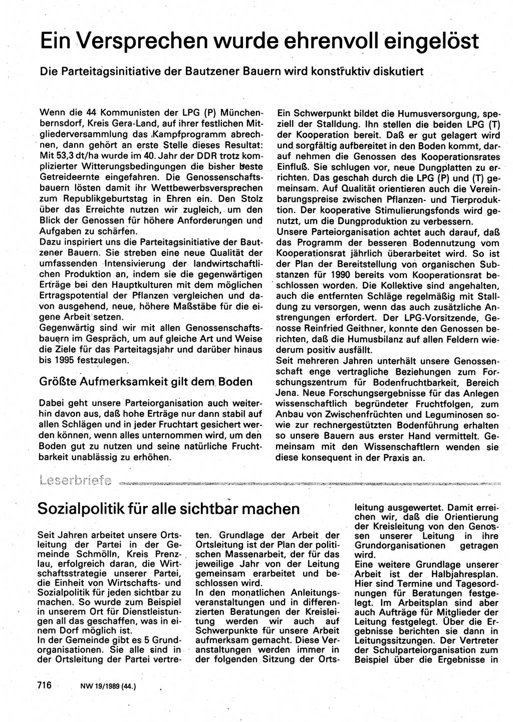Neuer Weg (NW), Organ des Zentralkomitees (ZK) der SED (Sozialistische Einheitspartei Deutschlands) für Fragen des Parteilebens, 44. Jahrgang [Deutsche Demokratische Republik (DDR)] 1989, Seite 716 (NW ZK SED DDR 1989, S. 716)