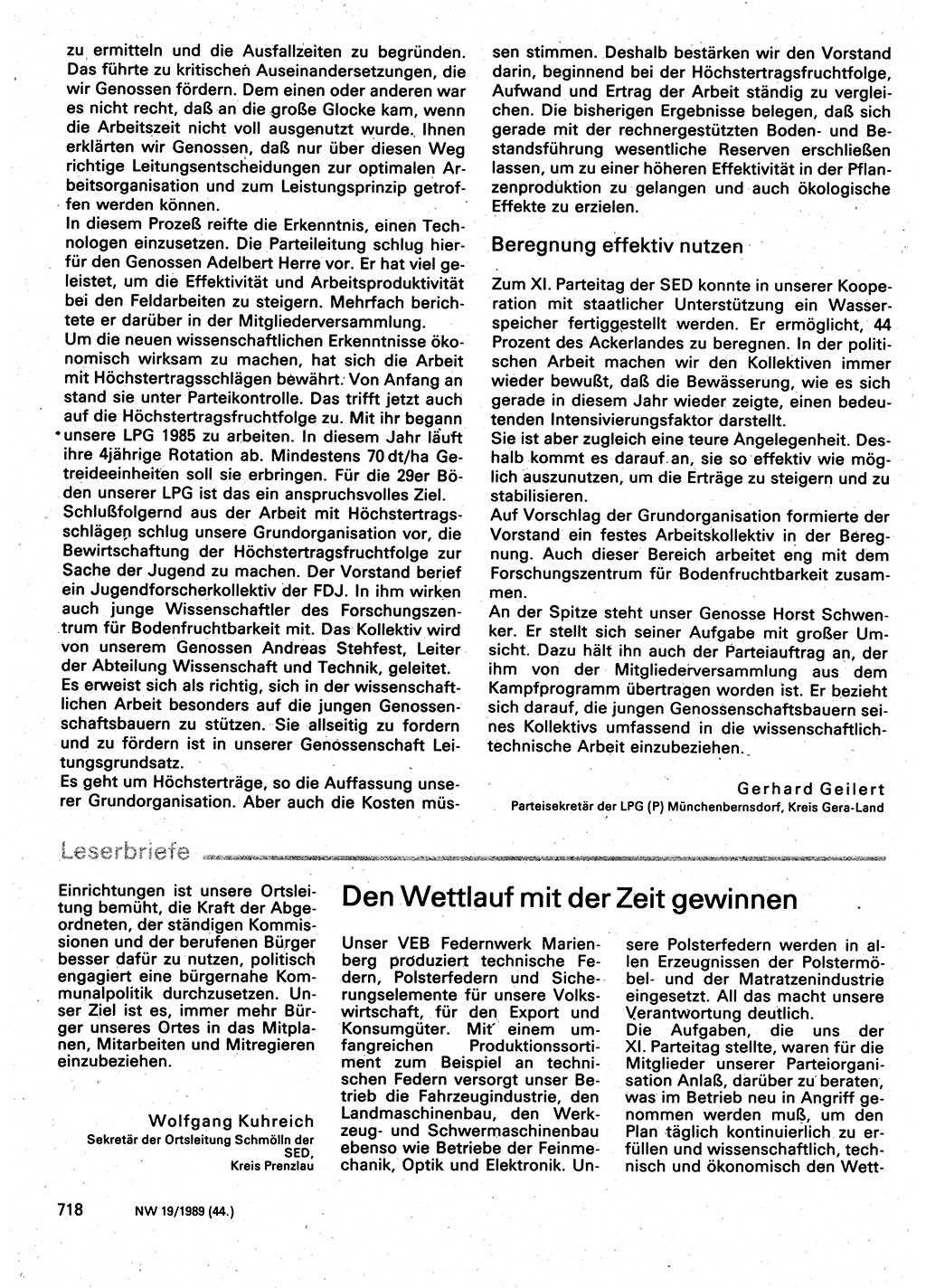 Neuer Weg (NW), Organ des Zentralkomitees (ZK) der SED (Sozialistische Einheitspartei Deutschlands) für Fragen des Parteilebens, 44. Jahrgang [Deutsche Demokratische Republik (DDR)] 1989, Seite 718 (NW ZK SED DDR 1989, S. 718)