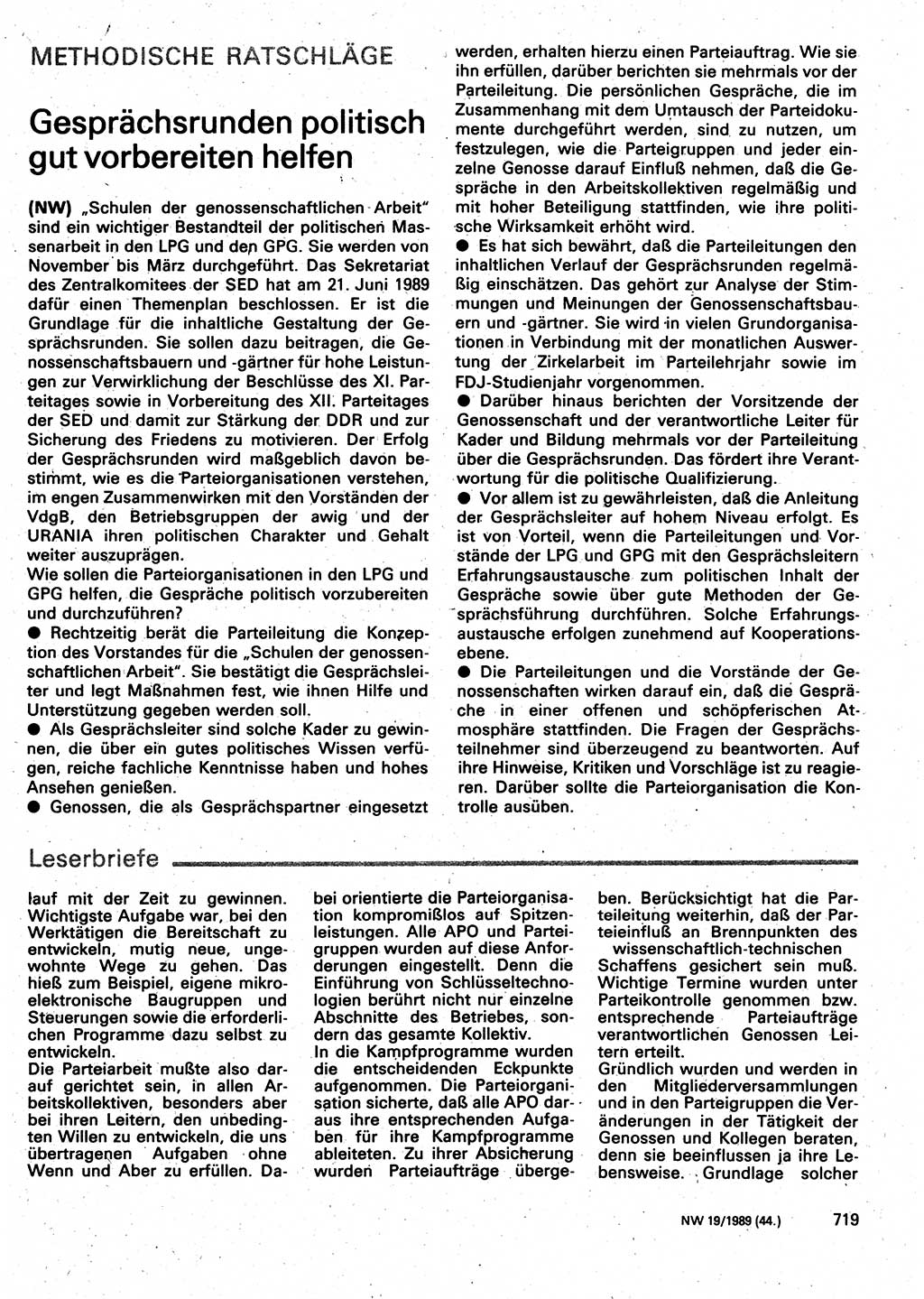 Neuer Weg (NW), Organ des Zentralkomitees (ZK) der SED (Sozialistische Einheitspartei Deutschlands) für Fragen des Parteilebens, 44. Jahrgang [Deutsche Demokratische Republik (DDR)] 1989, Seite 719 (NW ZK SED DDR 1989, S. 719)