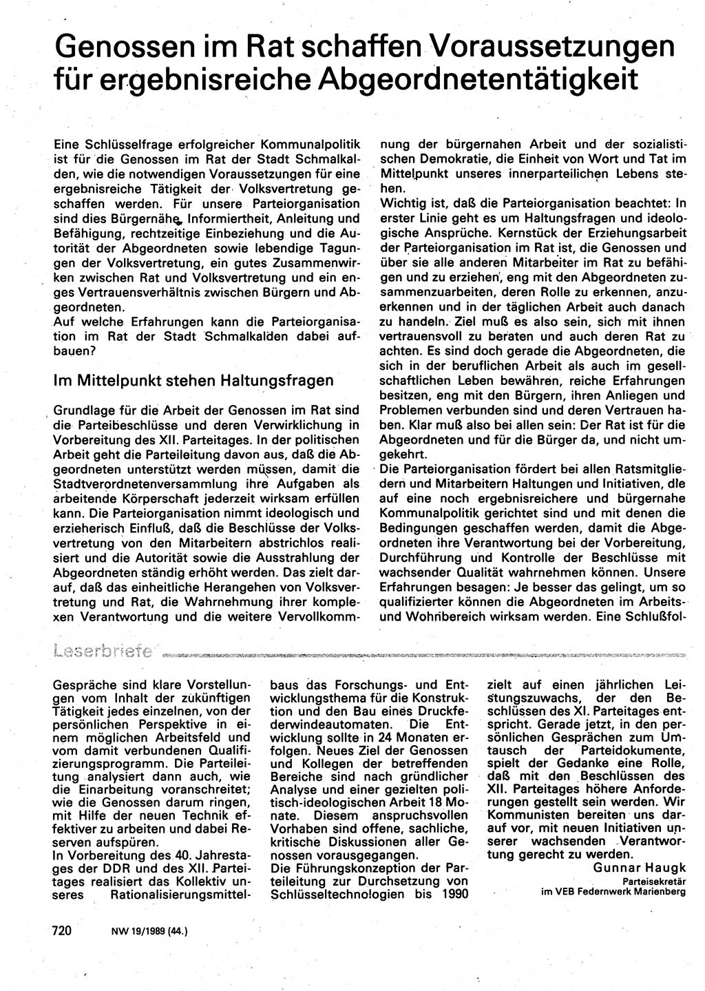 Neuer Weg (NW), Organ des Zentralkomitees (ZK) der SED (Sozialistische Einheitspartei Deutschlands) für Fragen des Parteilebens, 44. Jahrgang [Deutsche Demokratische Republik (DDR)] 1989, Seite 720 (NW ZK SED DDR 1989, S. 720)