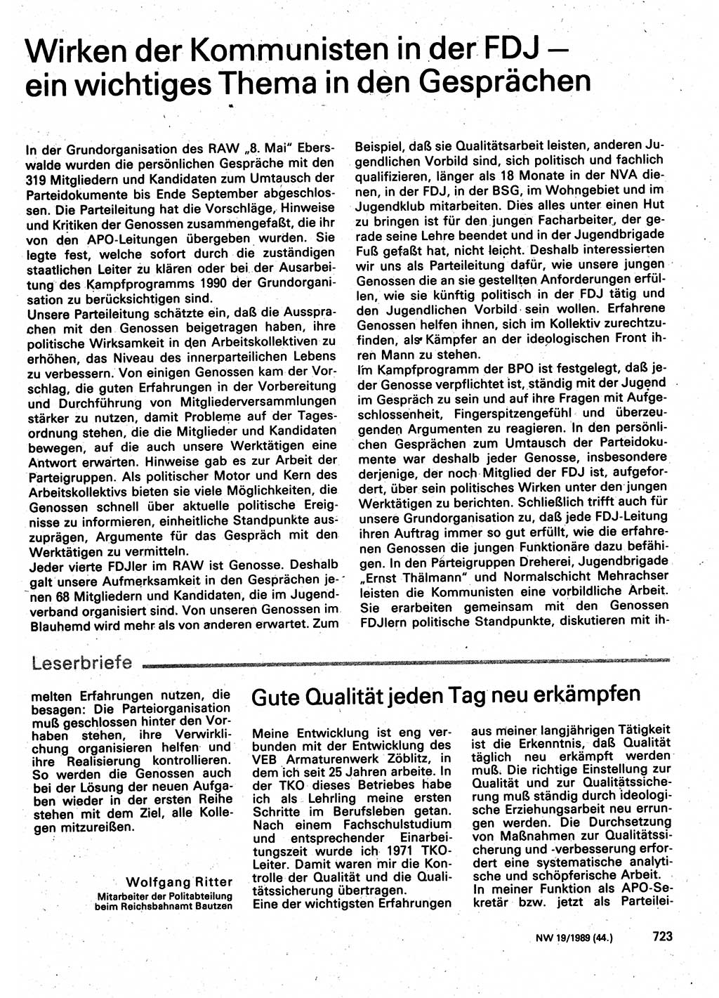 Neuer Weg (NW), Organ des Zentralkomitees (ZK) der SED (Sozialistische Einheitspartei Deutschlands) für Fragen des Parteilebens, 44. Jahrgang [Deutsche Demokratische Republik (DDR)] 1989, Seite 723 (NW ZK SED DDR 1989, S. 723)