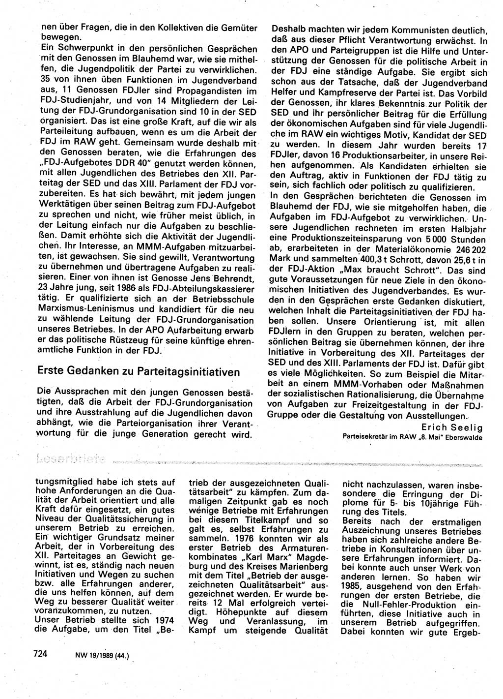 Neuer Weg (NW), Organ des Zentralkomitees (ZK) der SED (Sozialistische Einheitspartei Deutschlands) für Fragen des Parteilebens, 44. Jahrgang [Deutsche Demokratische Republik (DDR)] 1989, Seite 724 (NW ZK SED DDR 1989, S. 724)