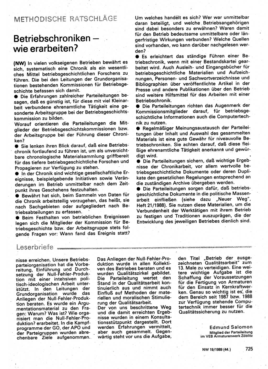 Neuer Weg (NW), Organ des Zentralkomitees (ZK) der SED (Sozialistische Einheitspartei Deutschlands) für Fragen des Parteilebens, 44. Jahrgang [Deutsche Demokratische Republik (DDR)] 1989, Seite 725 (NW ZK SED DDR 1989, S. 725)