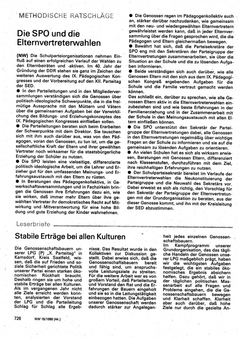 Neuer Weg (NW), Organ des Zentralkomitees (ZK) der SED (Sozialistische Einheitspartei Deutschlands) für Fragen des Parteilebens, 44. Jahrgang [Deutsche Demokratische Republik (DDR)] 1989, Seite 726 (NW ZK SED DDR 1989, S. 726)