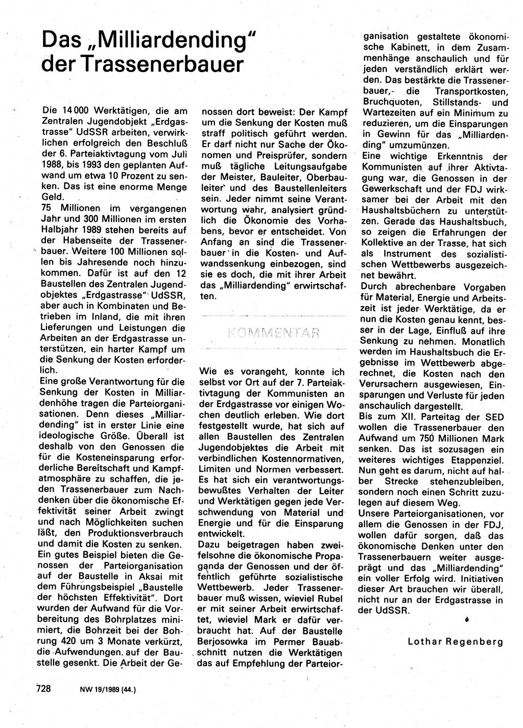 Neuer Weg (NW), Organ des Zentralkomitees (ZK) der SED (Sozialistische Einheitspartei Deutschlands) für Fragen des Parteilebens, 44. Jahrgang [Deutsche Demokratische Republik (DDR)] 1989, Seite 728 (NW ZK SED DDR 1989, S. 728)