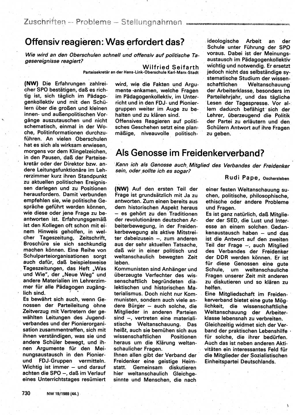 Neuer Weg (NW), Organ des Zentralkomitees (ZK) der SED (Sozialistische Einheitspartei Deutschlands) für Fragen des Parteilebens, 44. Jahrgang [Deutsche Demokratische Republik (DDR)] 1989, Seite 730 (NW ZK SED DDR 1989, S. 730)