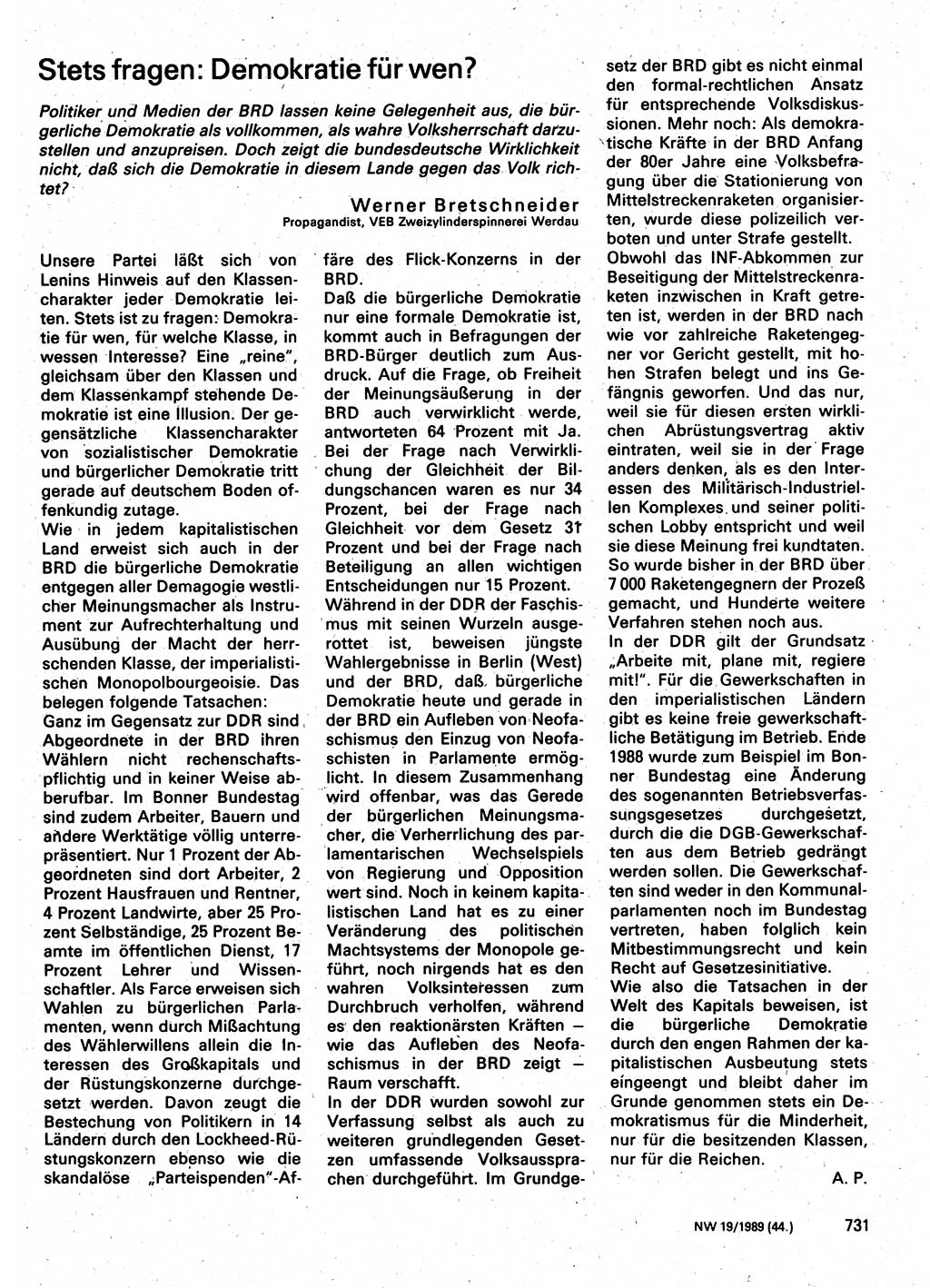 Neuer Weg (NW), Organ des Zentralkomitees (ZK) der SED (Sozialistische Einheitspartei Deutschlands) für Fragen des Parteilebens, 44. Jahrgang [Deutsche Demokratische Republik (DDR)] 1989, Seite 731 (NW ZK SED DDR 1989, S. 731)