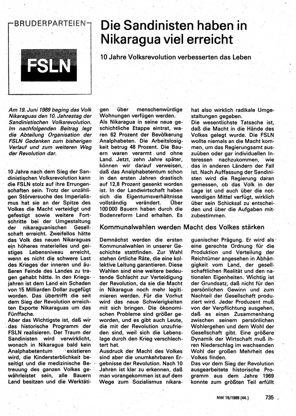 Neuer Weg (NW), Organ des Zentralkomitees (ZK) der SED (Sozialistische Einheitspartei Deutschlands) für Fragen des Parteilebens, 44. Jahrgang [Deutsche Demokratische Republik (DDR)] 1989, Seite 735 (NW ZK SED DDR 1989, S. 735)