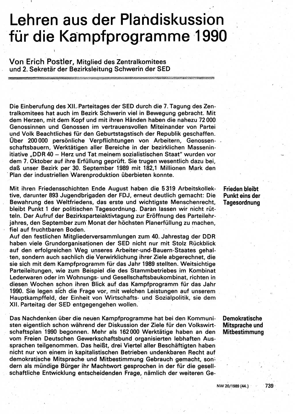 Neuer Weg (NW), Organ des Zentralkomitees (ZK) der SED (Sozialistische Einheitspartei Deutschlands) für Fragen des Parteilebens, 44. Jahrgang [Deutsche Demokratische Republik (DDR)] 1989, Seite 739 (NW ZK SED DDR 1989, S. 739)