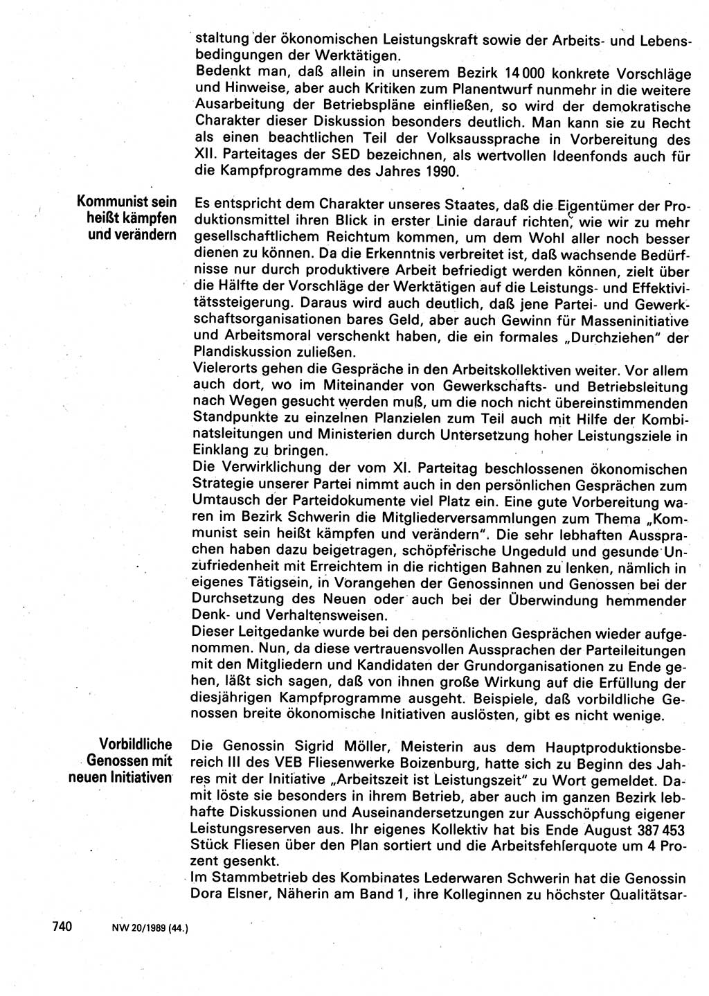 Neuer Weg (NW), Organ des Zentralkomitees (ZK) der SED (Sozialistische Einheitspartei Deutschlands) für Fragen des Parteilebens, 44. Jahrgang [Deutsche Demokratische Republik (DDR)] 1989, Seite 740 (NW ZK SED DDR 1989, S. 740)