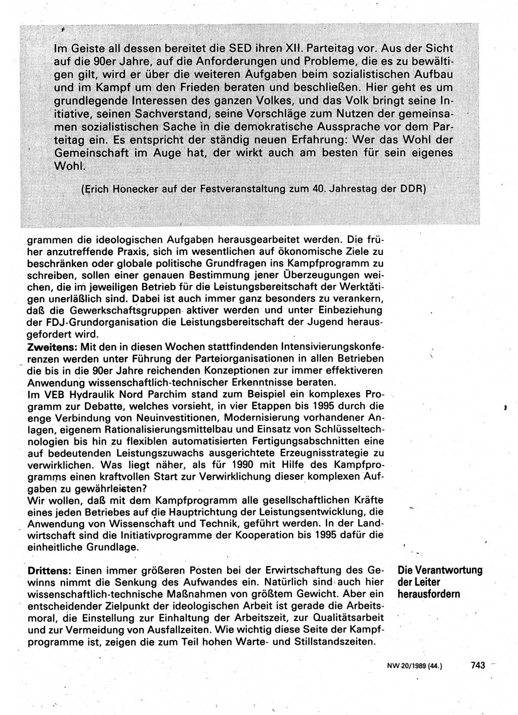 Neuer Weg (NW), Organ des Zentralkomitees (ZK) der SED (Sozialistische Einheitspartei Deutschlands) für Fragen des Parteilebens, 44. Jahrgang [Deutsche Demokratische Republik (DDR)] 1989, Seite 743 (NW ZK SED DDR 1989, S. 743)