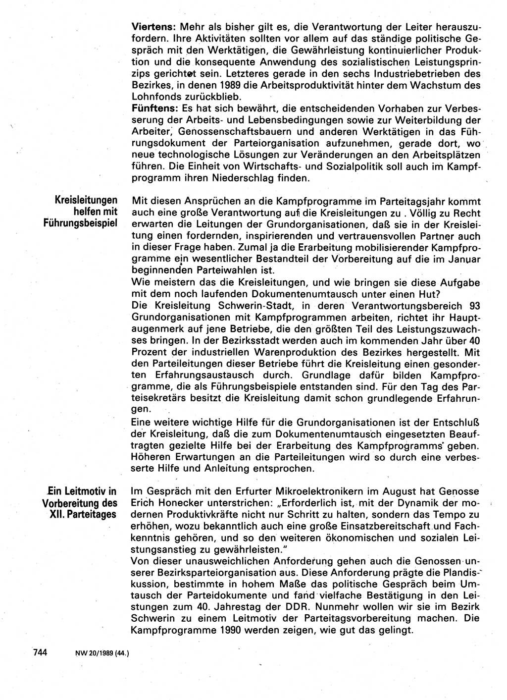 Neuer Weg (NW), Organ des Zentralkomitees (ZK) der SED (Sozialistische Einheitspartei Deutschlands) für Fragen des Parteilebens, 44. Jahrgang [Deutsche Demokratische Republik (DDR)] 1989, Seite 744 (NW ZK SED DDR 1989, S. 744)