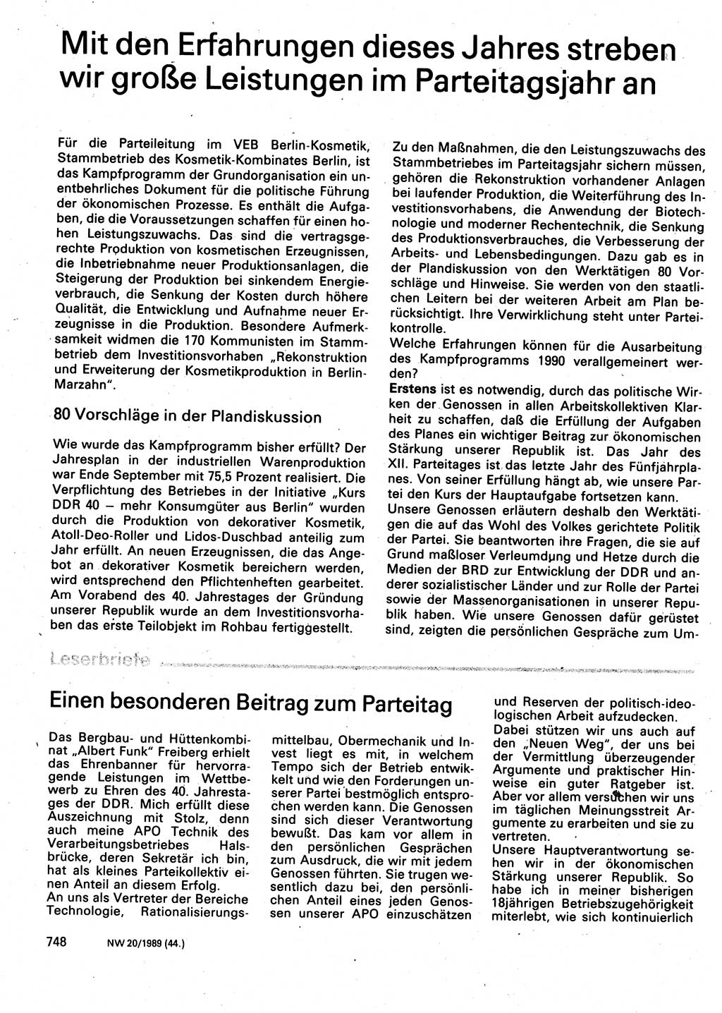 Neuer Weg (NW), Organ des Zentralkomitees (ZK) der SED (Sozialistische Einheitspartei Deutschlands) für Fragen des Parteilebens, 44. Jahrgang [Deutsche Demokratische Republik (DDR)] 1989, Seite 748 (NW ZK SED DDR 1989, S. 748)