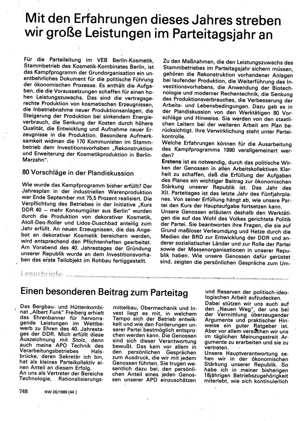 Neuer Weg (NW), Organ des Zentralkomitees (ZK) der SED (Sozialistische Einheitspartei Deutschlands) für Fragen des Parteilebens, 44. Jahrgang [Deutsche Demokratische Republik (DDR)] 1989, Seite 748 (NW ZK SED DDR 1989, S. 748)